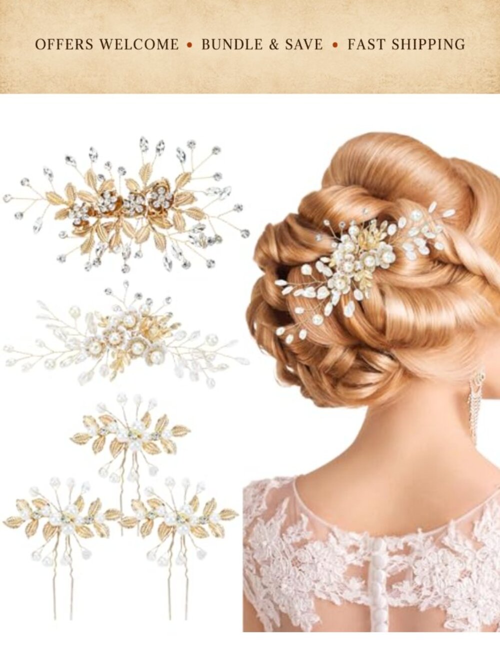 Gold Metal Pearl Rhinestone Wedding Hair Clips & U-Shaped Floral Hair Pins 5